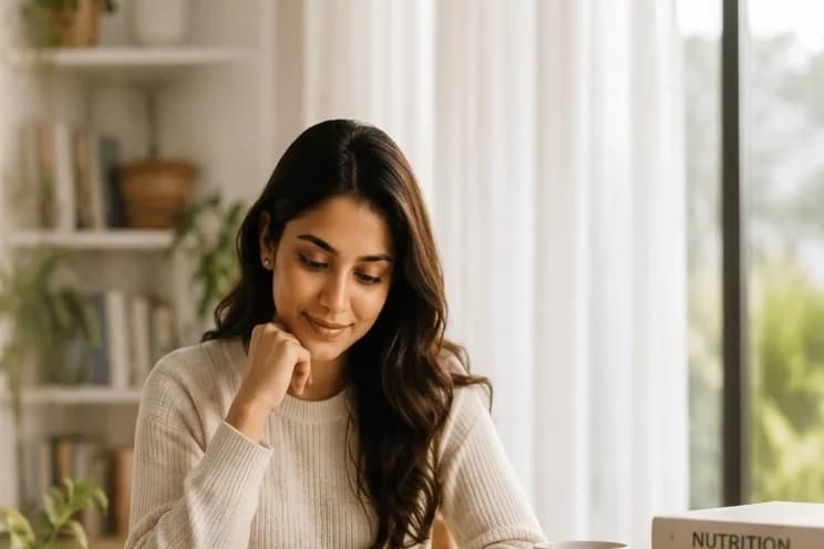 A woman reading a health reference book at home