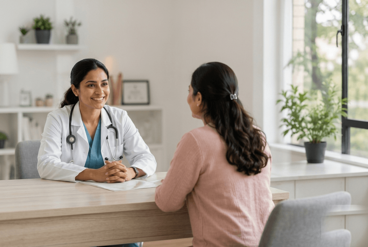 A doctor smiling warmly while talking with a patient across a consultation table