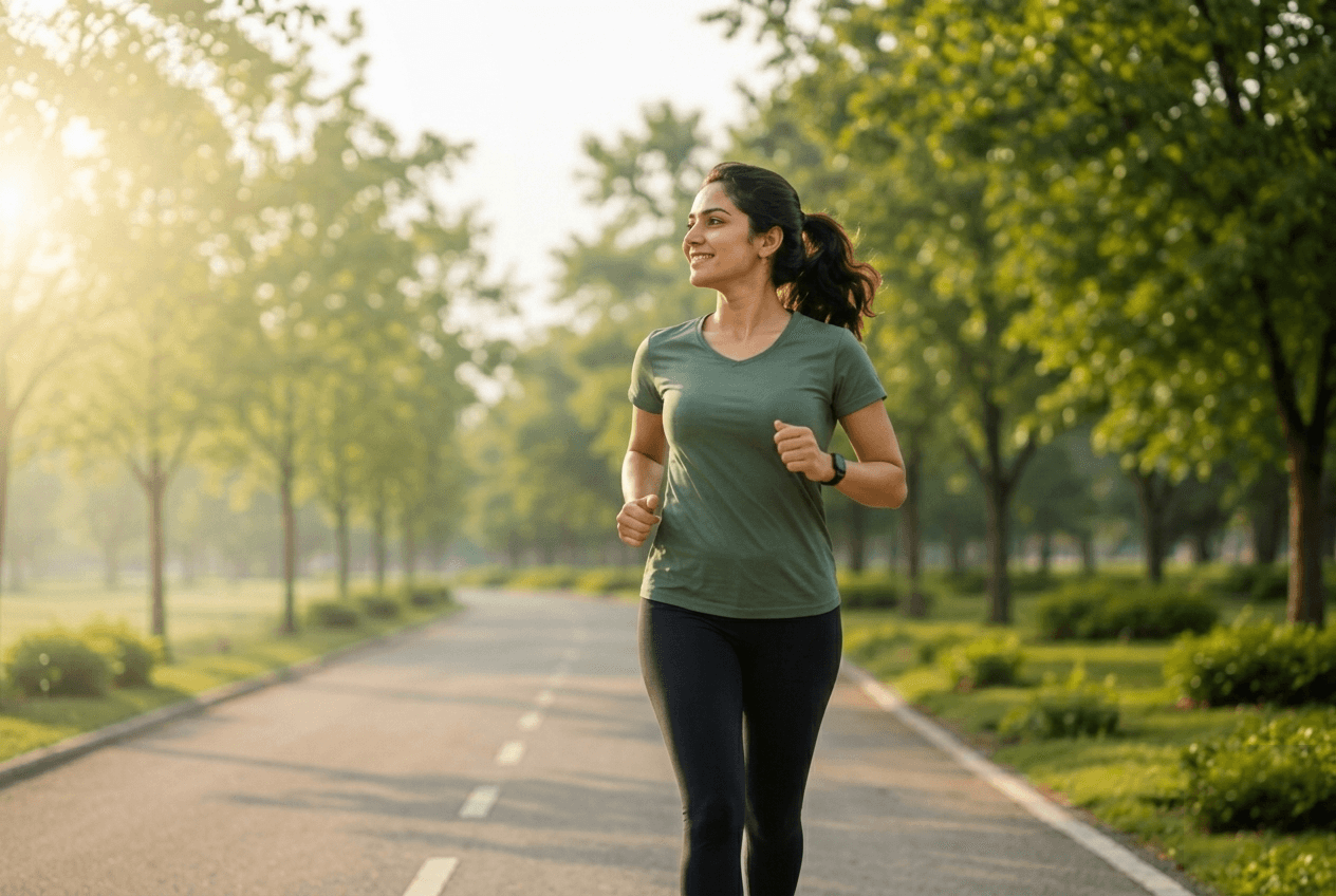A woman jogging along a tree-lined park path in the morning light, smiling