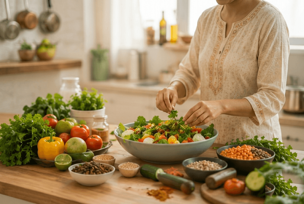 A woman preparing a fresh salad in a home kitchen, surrounded by real vegetables, legumes, and spices