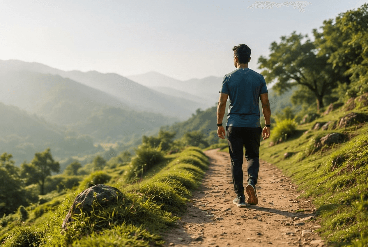 A man walking along a mountain trail, seen from behind, moving with upright, confident posture