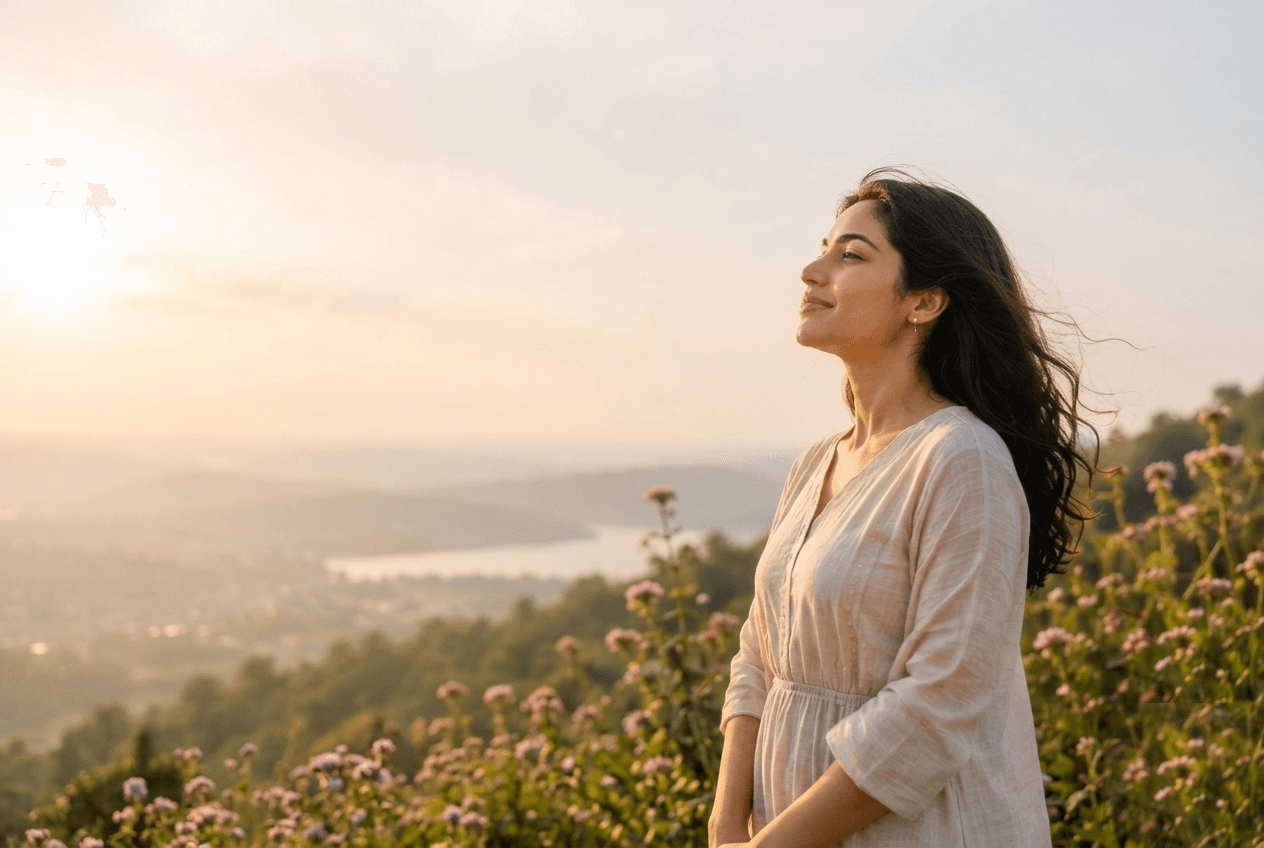 A woman standing on a hilltop at sunrise, looking out over a valley with quiet confidence