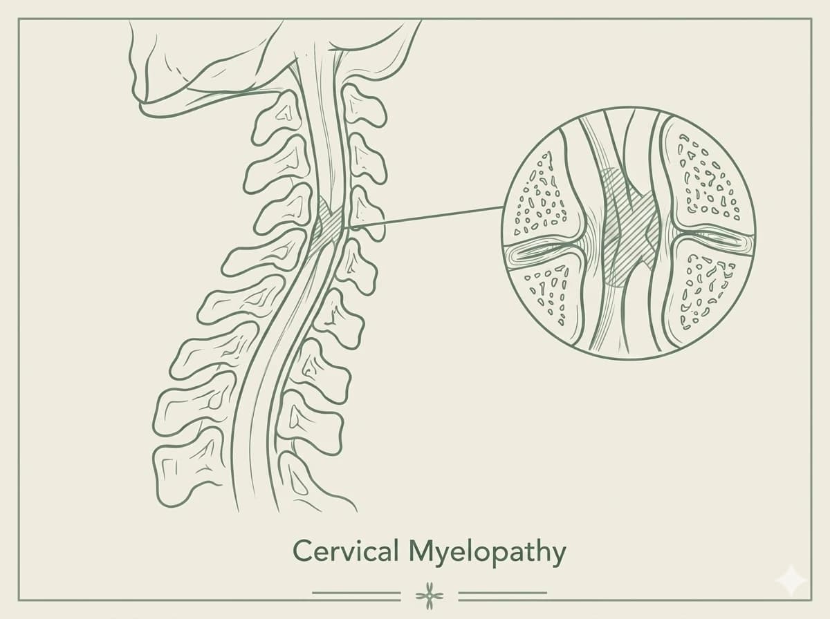 Illustration of the cervical spine with a magnified view showing compression near the spinal cord