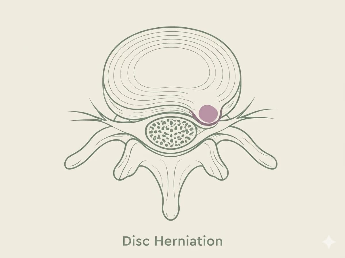 Simplified illustration showing a herniated disc pressing on nearby structures