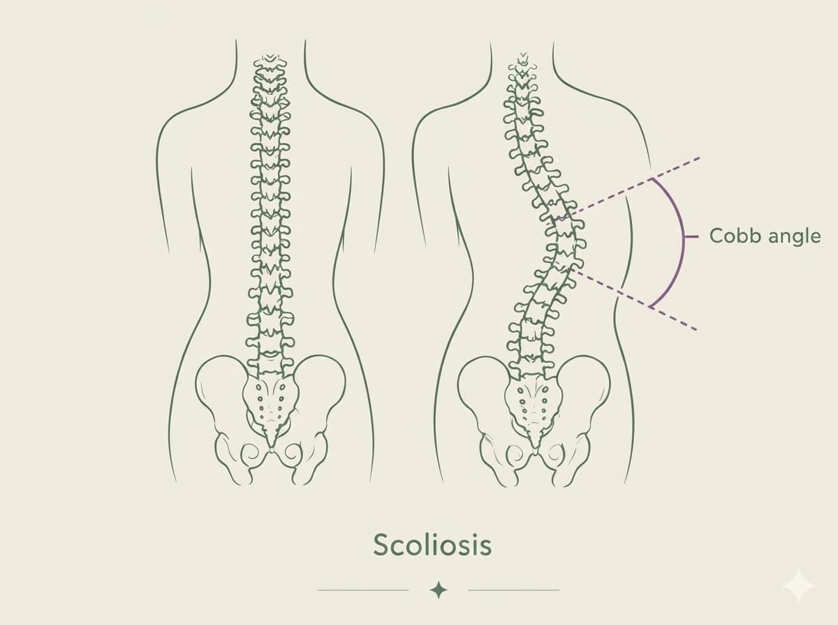 Illustration comparing a normal spine to a scoliotic curve, with Cobb angle measurement