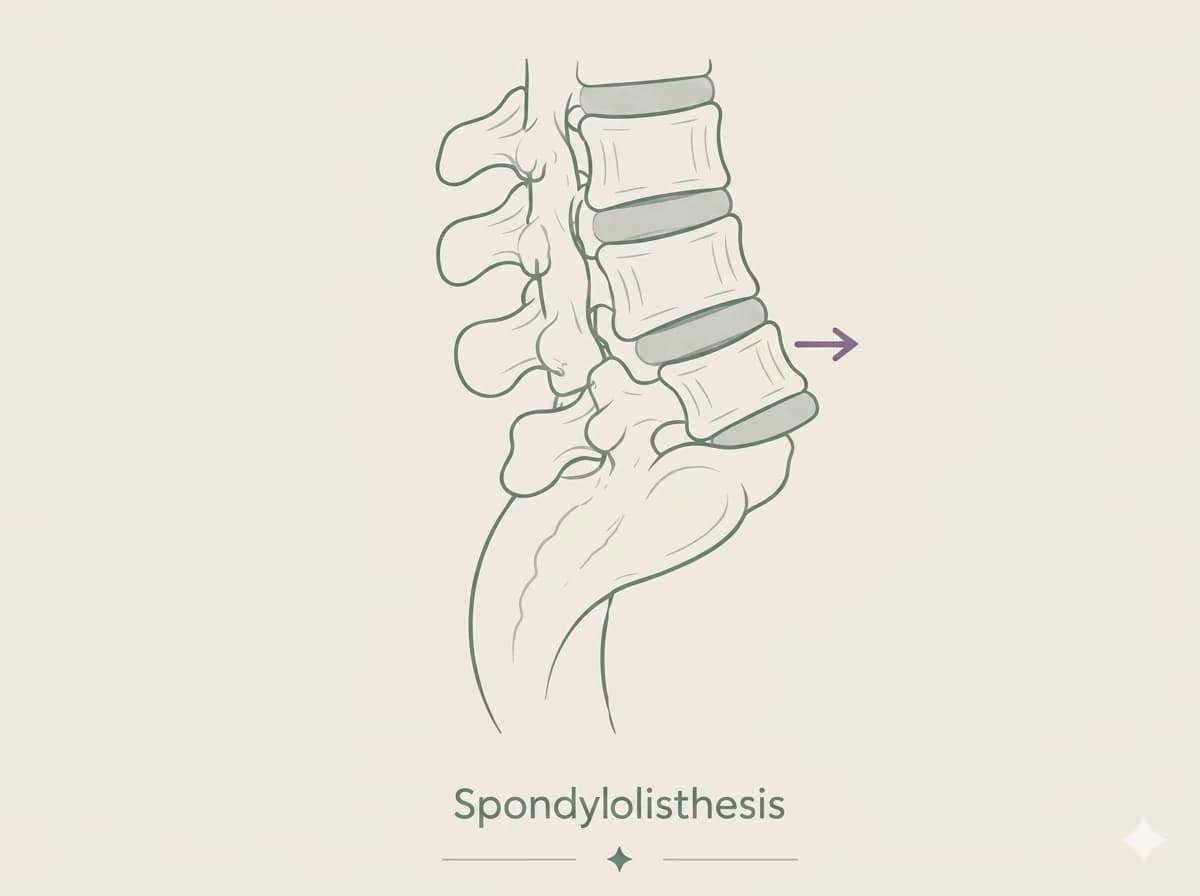 Illustration comparing normal vertebrae to a vertebra that has slipped forward, as in spondylolisthesis