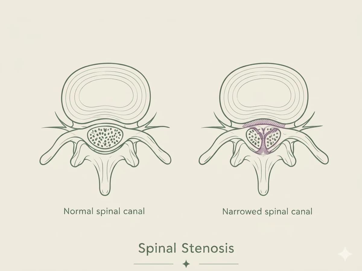 Illustration of a narrowed spinal canal compared to a normal spinal canal