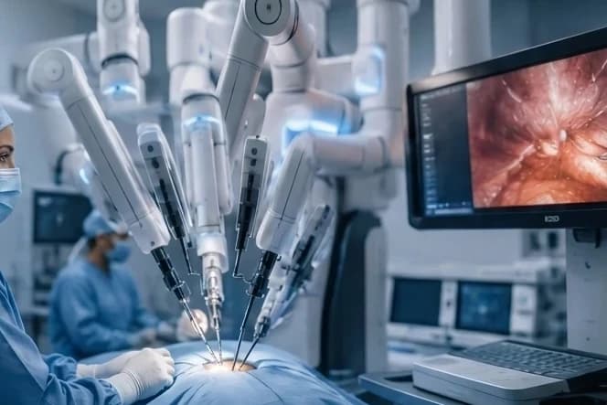 A surgeon operating the robotic surgery system's control console during a procedure